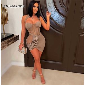 Casual Dresses ANJAMANOR Nude Mesh Insert Caged Mini Dress Sexy Party Night Club Outfits Irregular Hem Corset Halter Bodycon Dresses D42-DH21 T230210