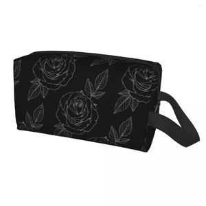 Cosmetic Bags Custom White Rose Line Art Travel Bag Women Flower Toiletry Makeup Organizer Lady Beauty Storage Dopp Kit