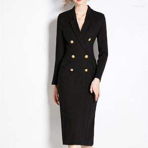 Casual Dresses Hepburn Vintage Black Slim For Women's Autumn Elegant Long Sleeve Double Breasted Lady Office Midi Pencil Dress