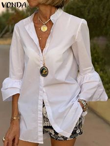 Women's Blouses Shirts White Shirt Women Solid Color Flare Sleeve Shirts Spring Tops VONDA Sexy V Neck Button Up Office Shirts Femininas Blusas 230211