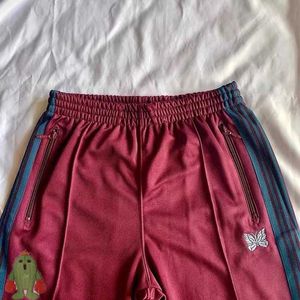 Men's Pants Burgundy Green GE Needles Straight Trousers Men Women Embroidered Butterfly Striped Needles Sweatpants