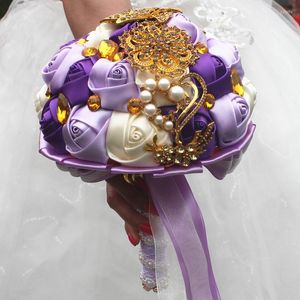 Dekoracyjne kwiaty ręcznie robione vintage ślubne nowożeńcze bukiet fioletowy satyn