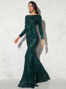 Party Dresses Modest Green Long Sleeve Mermaid Sequin Evening Gown Burgundy O Neck Stretch Wedding Party Formal Maxi Dress Winter Women 230210