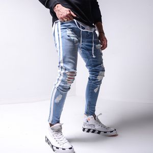 Męskie dżinsy chude zbite dżinsy męskie spodnie ołówka motocyklowy paski z niszczycielami Hip Hop Slim Fit Man Elasty Dink dżins 230211