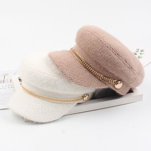 Ball Caps 01910ju100019 autumn winter Imitated mink hair Metal fishbone chain octagonal hat men women leisure beret cap 230211