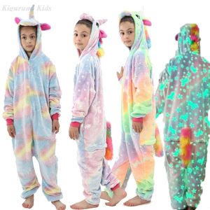 Pyjamas Glow in Dark Kigurumi Anime Winter Jumpsuit Kids Pyjamas For Children Girls Sleepwear Baby Boys Onesie Hooded Unicorn Overalls 230210