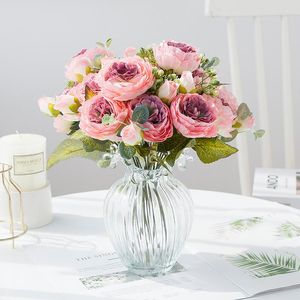 Flores decorativas rosa rosa rosa outono de casamento artificial decoração de alta qualidade peony peony bouquet luxuoso arranjo de flores falsas