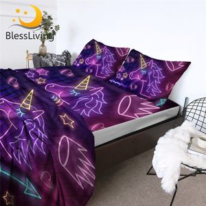 Set di biancheria da letto BlessLiving Lenzuolo con angoli con unicorno viola Queen Set letto luminoso Arcobaleno colorato con luce al neon piatta 4 pezzi 230210