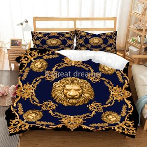 Zestawy pościeli luksusowe barokowe sztuka współczesna 3d złoto Lion Bedding łóżko dla zwierząt Zestaw lniany zestaw kołdrę Zestaw 2/3 szt. Pojedynczy podwójny okładka z łóżkiem mikrofibry 230211