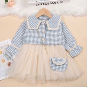 Sets Baby Set Frühling Herbst Neue Mädchen Plaid Weste Revers Jacke Mesh Kleid Mode Kleidung mit Tasche Outfits Y