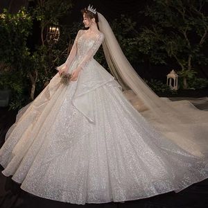 2023 neueste Luxus Langarm Ballkleid Hochzeit Kleid Illusion Top Perle Perlen Spitze Brautkleider Vestido De Noiva Brautkleider