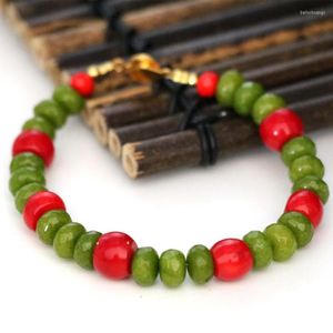 Strand Natural Red Coral Green Chalcedony Jades Stone Abacus 5 8mm pärlor Armband Kvinnor Original Eleganta smycken 7.5 -tums B2961