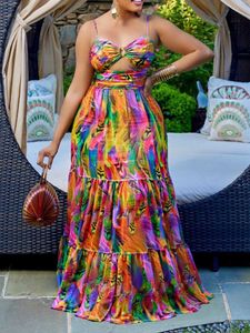 Party Dresses Abstract Print O-Ring Cutout Spaghetti Strap Cami Maxi Summer Dress Women T230210