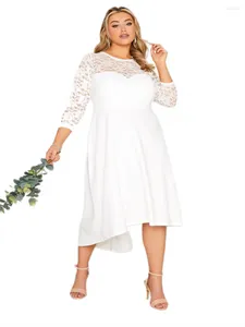 Plusstorlekar Elegant 3/4 spets ärm vårens höstparty klänning kvinnor avslappnad vit a-line midi stor 7xl 8xl