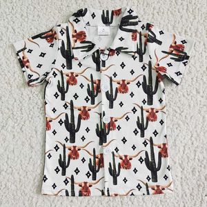 T-shirt Baby Boy Estate Western Cow Cactus Camicia Abbigliamento da spiaggia Abbigliamento per bambini Maniche corte all'ingrosso Button Down Top Abbigliamento per bambini T230209