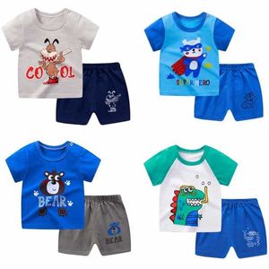 Clothing Sets New Pure Cotton Sleeve Suits Tshirtshorts pcs Oneck Loose Fashion Cartoon Animals Pants Regular Sizes Children Clothes