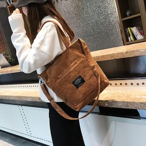 Kvällspåsar kvinnor corduroy axelpåsar randig tygtyg handväskor casual zip tote canvas crossbody väska söt shoppingväska för damer 230211