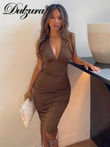 カジュアルドレスDulzura Solid Women Halter Mini Dress Drawstring Ruched v Neck Backless Bodyconセクシーストリートウェアパーティークラブエレガント2021夏T230210