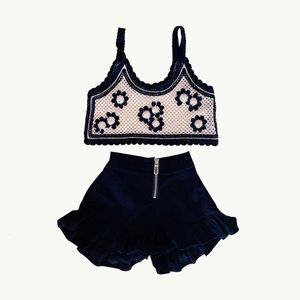 Roupas Define o verão novo de crochê vintage com caçola de malhas de malhas Hollow Out Suspender Suspense Criança Criança de Menina de menina