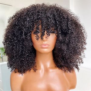 Mongolian Afro Kinky Curly Human Hair Wigs com franja M￡quina de cabelo humano Remy curta para mulheres negras negras pretas naturais 1b