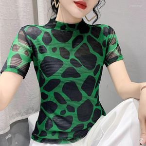 T-shirt da donna 2023 Summer Half High Neck Top Streetwear Stampa Hollow Mesh Top Abbigliamento donna T-shirt manica corta Pullover Donna