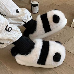 Terlik kış kapalı panda terlik kadınlar düz tüylü ev karikatür kadın pamuk ayakkabı kadın sevimli hayvan sıcak kaymaz ayakkabılar slaytlar g230210