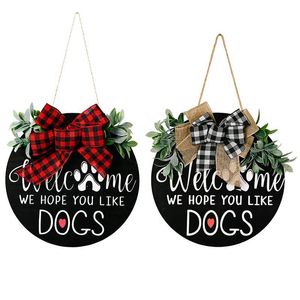 Flores decorativas grinaldas de boas -vindas porta pendurada placa de madeira grinalda de laço preto esperamos que você goste de cães Garland Family Wall Window Pendan