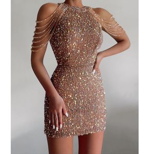 Party Dresses YIDINGZS Off Shoulder Gold Sequin Dress Short Party Bodycon Dress Women Sexy Evening Dress 18607 230210