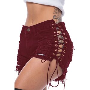 Jeans shorts de verão european americano feminino feminino mendigo buracos bandagens sexy calças quentes d198h4