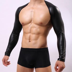 T-shirt da uomo personalizzate in ecopelle da uomo in maglia nera T-shirt corta muscolare sexy manica lunga tentazione top da wrestling gay