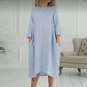 Casual Dresses Elegant Loose Solid Color Cotton Linen Long Dress Women Home Wear Pocket Maxi 2023 Harajuku O-Neck Vestidos