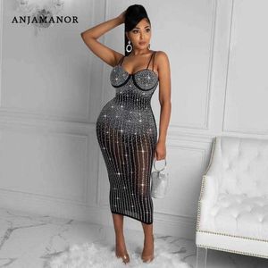 Sukienki zwykłe Anjamanor Sparkle Diamonds Sukienki do damskiej odzieży klubowej Elegancka seksowna siatka bodycon długa sukienka Czarna nago D35-FI41 T230210