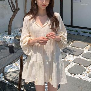 Casual Dresses Women Korean Chic Sweet Style Fairy Dress White Loose V-Neck snörning Jacquard Design Beach Cute Elegant Ins 2023 Autumn