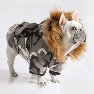 小さいSフレンチブルドッグのための犬のアパレルペット冬の服ウォームダウンジャケットファーカラーパーカーダックパグカモフラージPC1618 230211