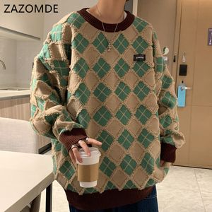 Suéteres masculinos Zazomde homens hip hop suéteres streetwear retro pulôver de malha tops geometria casual malha quente pulôver harajuku suéter masculino 230209