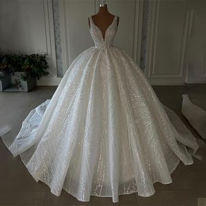 Vestido de noiva de vestido brilhante luxuoso Vestido de noiva de mi￧angas sob pesco￧o de pesco￧o de pesco￧o vestidos de noiva sem mangas vestidos de noiva
