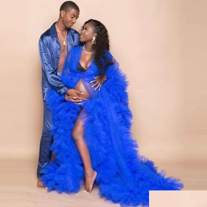 Aftonklänningar Royal Blue Maternity Long Sleeves Women Plus Size Party Dressing Clows See Through Sheer Tle Robe Drop Delivery Wedd DHXHB