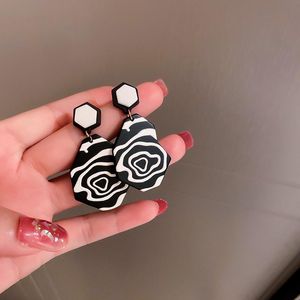 Stud Earrings Acrylic Material Black And White Contrast Color Exaggerated Long Mesh Pendant Flower