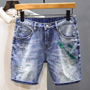 2023 Yaz Yeni Düz Denim Moda Kore Edition Resim Graffiti Gebek Erkek Kot Şort Sokak Giyim P230525