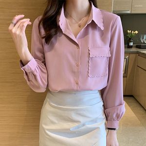 Blusas femininas Chiffon feminina pólo feminina Fashion Fashion Summer Moda de manga comprida Top casual Solid Spring Lady Clothing MoveFag