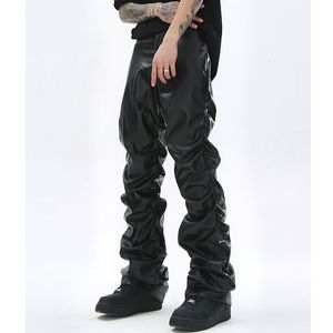 Herrbyxor hiphop -mens veckade pu läderbyxor harajuku retro streetwear lösa ruched casual byxor raka fasta färg svarta byxor 230211