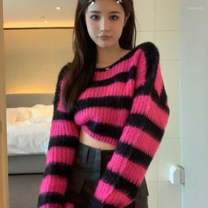 Women's Sweaters Fashion Pink Y2K Ladies Striped Casual Knitted Crop Sweater Women's Loose Top For Women Retro Mori Winter Spring XC098