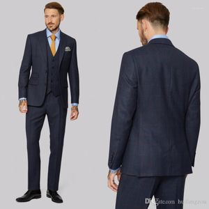 Men's Suits Handsome Men Tuxedos For Wedding Three Pieces Dark Blue Glen Plaid Groom Bridal Custom Made Groomsmen Jacket V