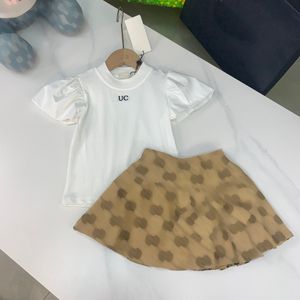designers girls skirts sets 2023ss summer puff sleeves white t-shirts with jeans skirt high end children pleated half dresses letter printing kids t-shirt 100-150cm