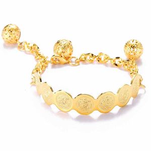 Bangle Vintage Gold Plated Children Cuff Bangles with Ring Open Hand Bracelet Coin Jewelry for Baby Arabic Fashion Kids Jewelry G230210