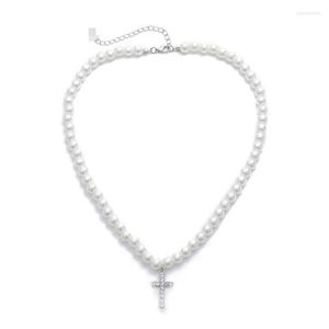 Collane con ciondolo Diamante artificiale per collana a croce Perle finte rotonde Catena a goccia