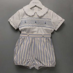 Sets Children Boutique Clothing Boy Handmade Smocked Embroidered Set Stripe Cotton Short Sleeves BABI Birthday Eid Dress Christening