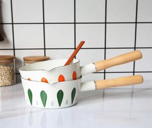 Pans Enamel Small Milk Pot Baby Cooking Frying Pan Beautifully Patterned Soup Pot With Wooden Handle7713836