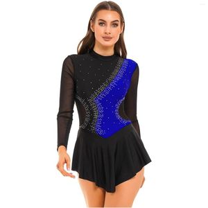 Scen Wear Womens Figur Skating Dance Dress Sparkling Rhinestone Lyrical Ballet Sheer Mesh Långärmning Cutout Back Leotard Dresses