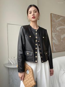 Women's Leather Elegant O-neck Genuine Women Jacket Fashion Metal Single-breasted Casual Short Motorcycle Real Sheepskin Coat